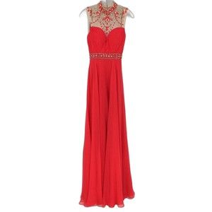 NWT Alyce Paris Jeweled High Neck Sheer Back Empire Gown Sz 00 Watermelon Red